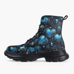Casual Leather Chunky Boots Blue Glass Hearts