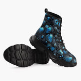 Casual Leather Chunky Boots Blue Glass Hearts