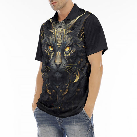 Men's Polo Shirt Black Cat with Gold Eyes