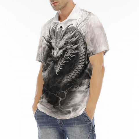 Men's Polo Shirt Dragon Drawing Black and White