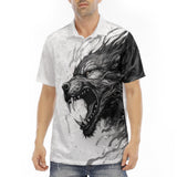 Men's Polo Shirt Wolf Drawing Black and White