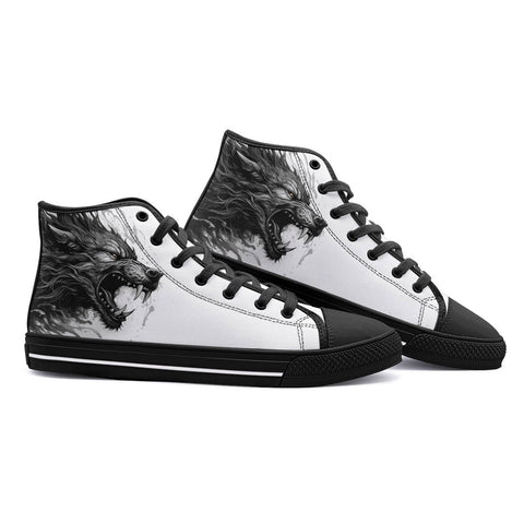 High-Top Canvas Shoes Wolf Drawing Black and White