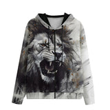 Men's Zip Up Hoodie Watercolor Lion Black and White