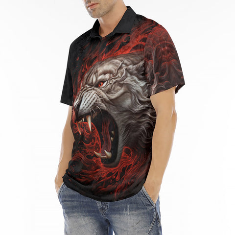 Men's Polo Shirt Fantasy Tiger with Flames