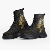 Casual Leather Chunky Boots Steampunk Golden Dragon with Fire