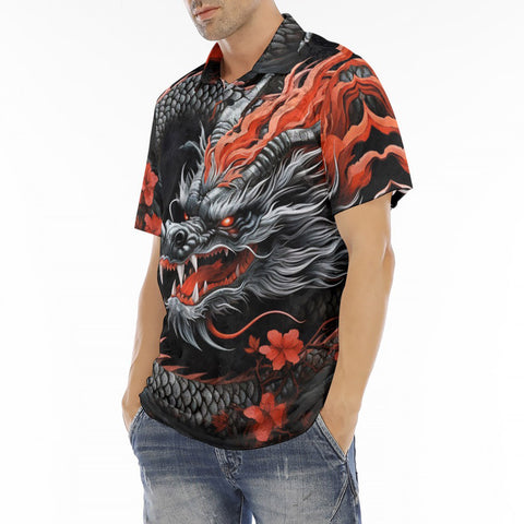 Men's Polo Shirt Chinese Dragon with Blossoms