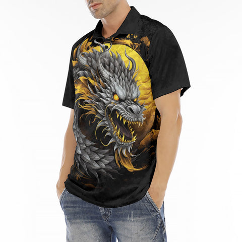 Men's Polo Shirt Chinese Dragon Black Gold Graphic