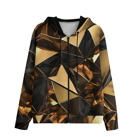 Men's Zip Up Hoodie Shiny Black and Gold Abstract