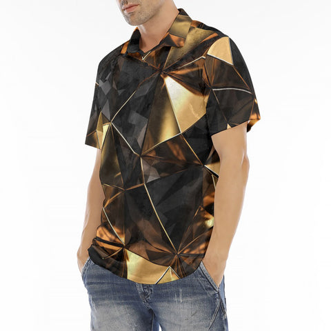 Men's Polo Shirt Shiny Black and Gold Abstract