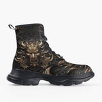 Casual Leather Chunky Boots Fantasy Gold Dragon Head