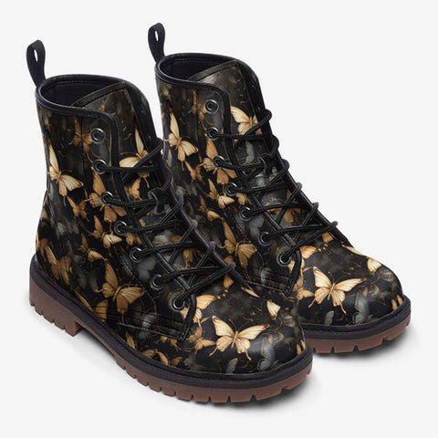 Leather Boots Black and Gold Butterlies