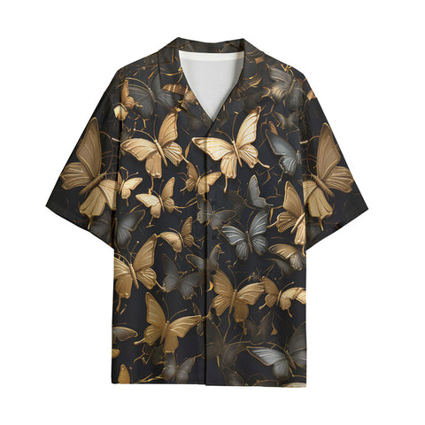 Hawaiian Shirt Black and Gold Butterlies