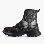Casual Leather Chunky Boots Gothic Silver Butterfly And Flowers