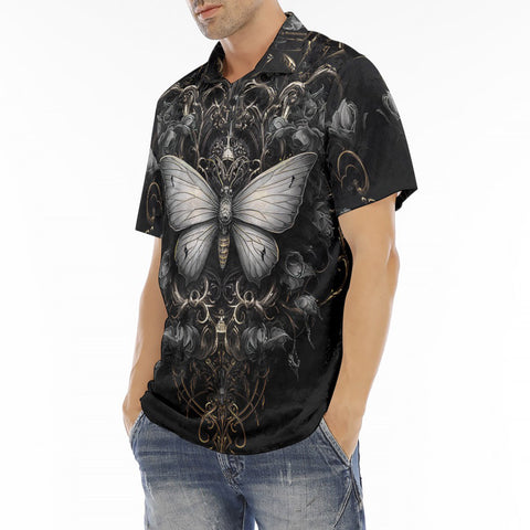 Men's Polo Shirt Gothic Silver Butterfly And Flowers