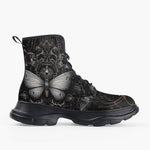 Casual Leather Chunky Boots Gothic Silver Butterfly And Flowers