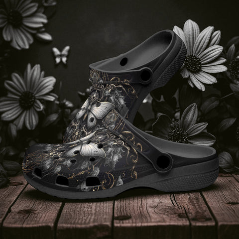 Classic Clogs Gothic Silver Butterfly And Flowers