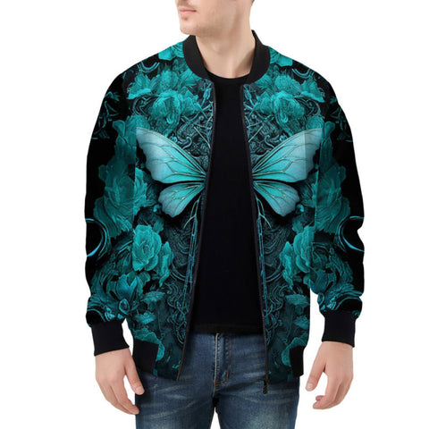 Bomber Jacket Gothic Turquoise Butterfly And Flowers