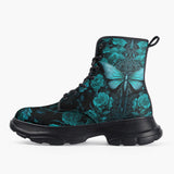 Casual Leather Chunky Boots Gothic Turquoise Butterfly And Flowers