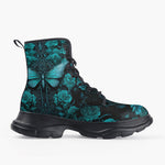 Casual Leather Chunky Boots Gothic Turquoise Butterfly And Flowers