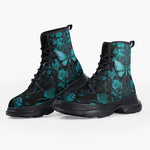 Casual Leather Chunky Boots Gothic Turquoise Butterfly And Flowers