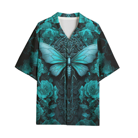 Hawaiian Shirt Gothic Turquoise Butterfly And Flowers