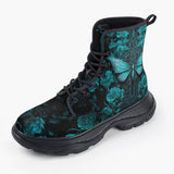 Casual Leather Chunky Boots Gothic Turquoise Butterfly And Flowers