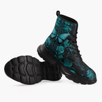 Casual Leather Chunky Boots Gothic Turquoise Butterfly And Flowers