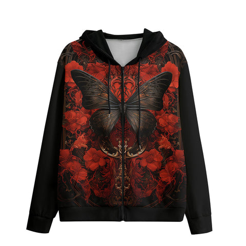 Men's Zip Up Hoodie Gothic Butterfly with Red Roses