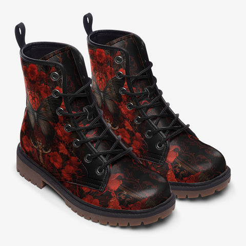 Leather Boots Gothic Butterfly with Red Roses