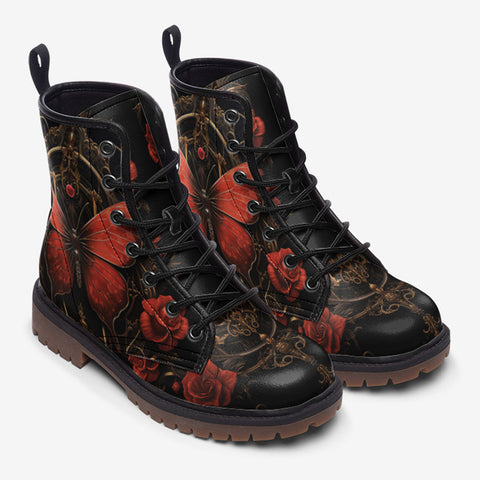 Leather Boots Gothic Red Butterfly with Flowers
