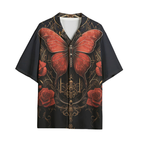 Hawaiian Shirt Gothic Red Butterfly with Flowers