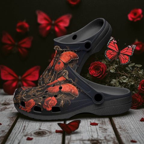 Classic Clogs Gothic Red Butterfly with Flowers