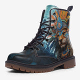 Leather Boots Aztec Lion with Colorful Feathers