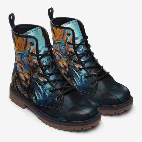 Leather Boots Aztec Lion with Colorful Feathers