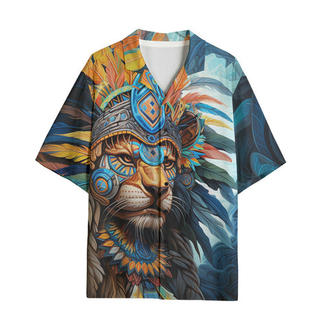 Hawaiian Shirt Aztec Lion with Colorful Feathers