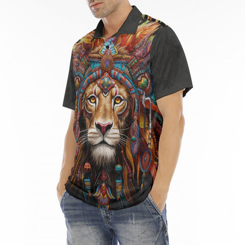 Men's Polo Shirt Colorful Lion with Feathers