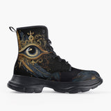 Casual Leather Chunky Boots Golden Eye with Feather Symbolism