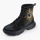 Casual Leather Chunky Boots Golden Eye with Feather Symbolism