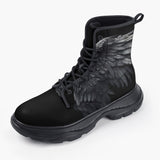 Casual Leather Chunky Boots Black Angel Wings