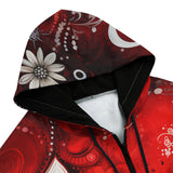 Men's Zip Up Hoodie Red Abstract Floral Motifs