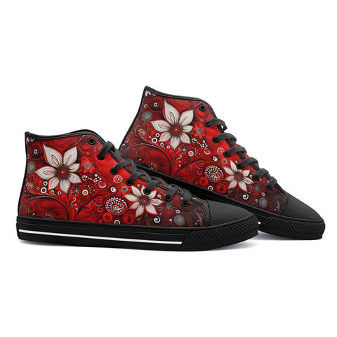 High-Top Canvas Shoes Red Abstract Floral Motifs