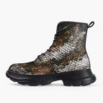 Casual Leather Chunky Boots Brown Python Snake Scale