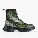 Casual Leather Chunky Boots Green Python Snake Scale