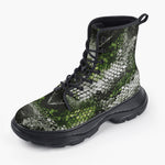 Casual Leather Chunky Boots Green Python Snake Scale