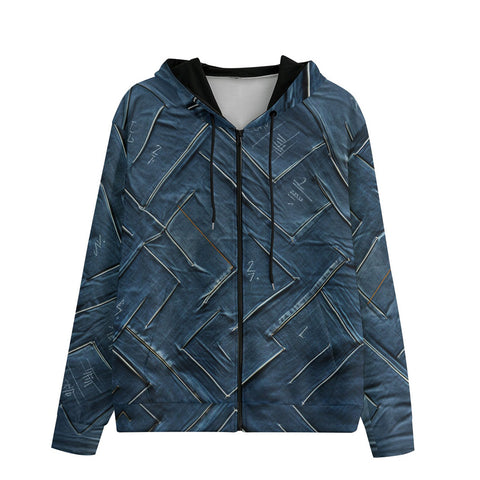 Men's Zip Up Hoodie Abstract Blue Denim Cloth Print