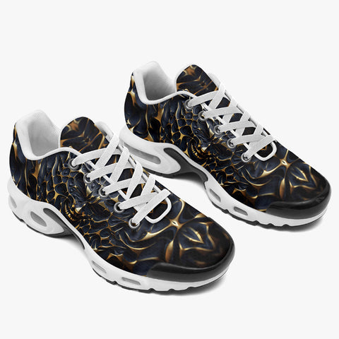 Air Cushion Sneakers Gold and Black Skull Motifs