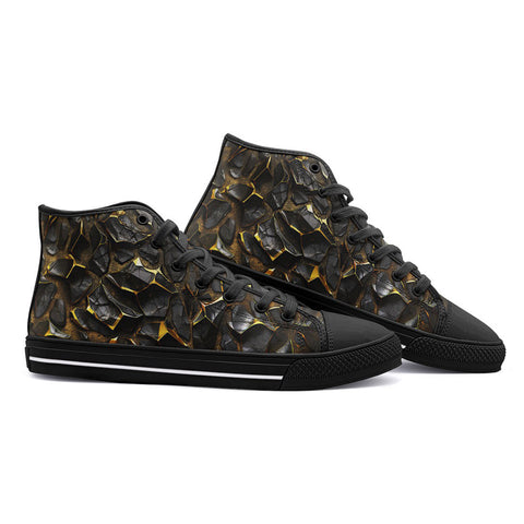 High-Top Canvas Shoes Shiny Black and Golden Texture