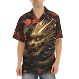 Hawaiian Shirt Golden Dragon Red Flowers