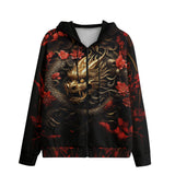 Men's Zip Up Hoodie Golden Dragon Red Flowers