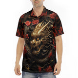 Men's Polo Shirt Golden Dragon Red Flowers